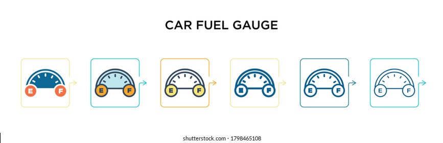 Car fuel gauge vector icon in 6 different modern styles. Black, two colored car fuel gauge icons designed in filled, outline, line and stroke style. Vector illustration can be used for web, mobile,