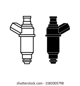 Car Fuel Injector Illustration. Engine Injection Element. Line Style And Silhouette Versions. Adjustable Stroke Width.