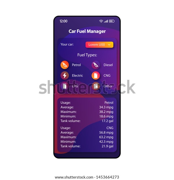 Car
fuel manager smartphone interface vector template. Mobile app page
color design layout. Vehicle refueling organizer screen. Flat UI
for application. Power types  list phone
display
