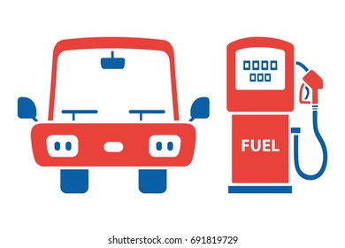 Car and fuel pump front view icon isolated. Gas or petrol filling station sign.