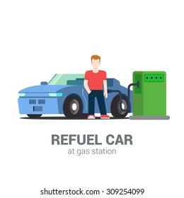 Car fuel refill process at gas refuel station. Young man and cabriolet. Flat style modern professional job related icon man workplace objects. People at work collection.