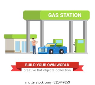 Car fuel refill process at gas refuel station. Young man and cabriolet. Flat style modern professional job related icon man workplace objects. People at work collection.