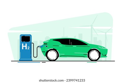 Auto alimentado con hidrógeno. Ilustración vectorial.