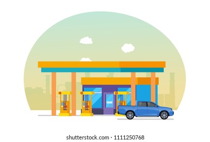 Car is fueled at station, machine. Gas station for car, appearance and technical equipment, against backdrop of city streets. Objects of oil industry. Vector illustration.