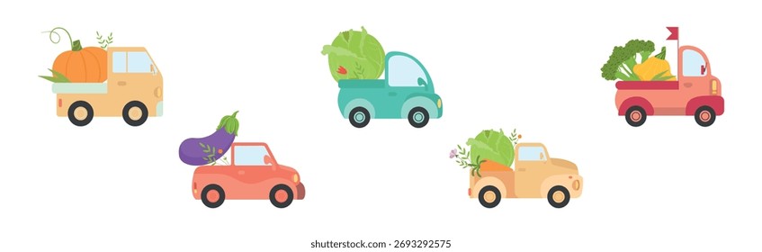 Coche lleno con verdura y cosecha Recortar Vector Set