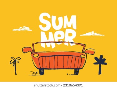 Car funny cool summer t-shirt print design. Road trip on cabriolet automobile. Slogan. Drive illustration. Beach travel kids nursery, typography poste. Adorable pattern