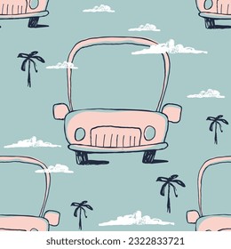 Car funny cool summer t-shirt seamless pattern. Road trip vacation print design. Beach tropical travel kids apparel, nursery wild jungle exotic wallpaper. Hand drawn cartoon transport repeat motif