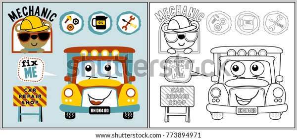 car\
with funny mechanic cartoon, coloring book or\
page