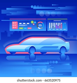 Car of the future concept. Connection with the city and infrastructure. Vector illustration. Blue background.