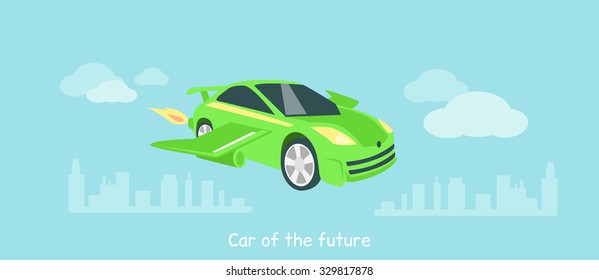 Car of future icon flat isolated. Vehicle and technology transportation, automobile transport, energy power, auto industry, drive logo, driving innovation, efficiency and sedan illustration