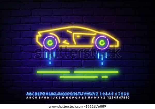 Car of the future neon sign. Neon car
flying in the air icon. The concept of a modern car neon symbol.
Eco electric car sign. Green neon icon in the dark. Blurred
lightening. Illustration.