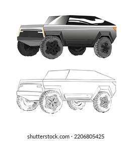 Car of the future. Stylish modern flyer. Poster sketch hand drawn art. Vector art illustration. 