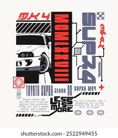 Diseño futurista de la camisa y del cartel del coche, impresión del estilo de Techno para la ropa de calle, impresión para las camisetas y las sudaderas aisladas en un fondo blanco y negro