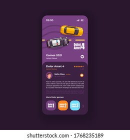 Car game review smartphone interface vector template. Racing videogame mobile app page dark design layout. Preview page, presentation screen. Flat UI for application. Description on phone display