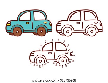 car game. Vector illustration of dot to dot puzzle and coloring page with cartoon car for children