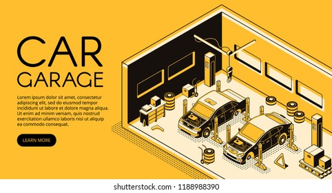 Car garage auto repair mechanic station vector illustration in isometric black thin line design on yellow halftone background. Automotive diagnostic service, car lift and tire replacement tools