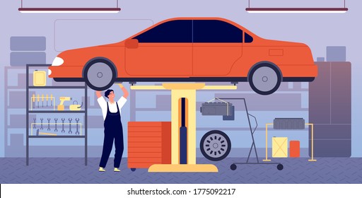 Coche de garaje. Servicio de reparación automática, estación de taller con equipo de herramientas. Vehículo de mantenimiento mecánico, control de transporte en ilustración vectorial