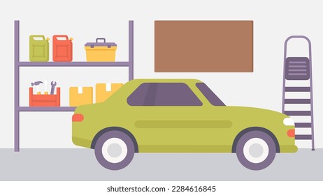 Car in garage background vector. Interior illustration with various tools and equipment. Automotive products or service. Cartoon flat style.