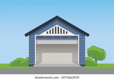 Car Garage with Blue Paint Door Open and Empty, vector illustration isolated, eps