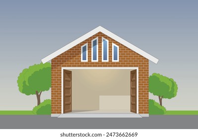 Car Garage with Brick Wall Door Open and Empty, vector illustration isolated, eps