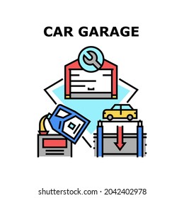 Vektor-Vektorsymbol-Konzept des Kfz-Garage-Gebäudes. Fahrzeuggarage-Gebäude für die Lagerung von Automobil, die Kontrolle und Reparatur von Transport-, Scheck- und Füllmaschinen mit Öl. farbige Illustration der Fahrzeugwartungswerkstatt