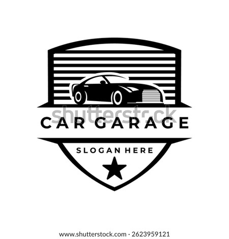 Car garage classic logo design vector. Car garage with shield logo design icon