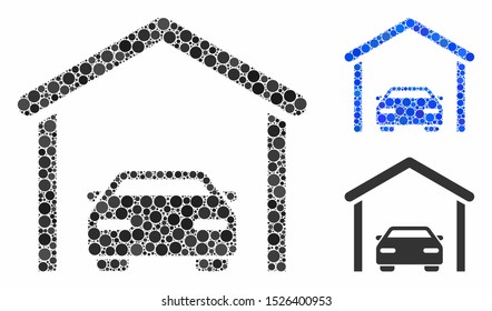 Car garage composition for car garage icon of circle elements in different sizes and shades. Vector circle elements are composed into blue collage. Dotted car garage icon in usual and blue versions.