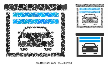 Car garage composition of raggy items in variable sizes and color tones, based on car garage icon. Vector uneven items are composed into composition. Car garage icons collage with dotted pattern.