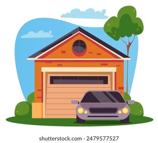 Car garage door parking automotive transport concept. Vector flat graphic design illustration