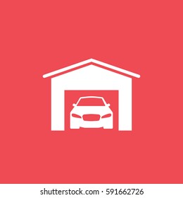 Car In Garage Flat Icon On Red Background