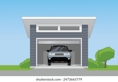 Car Garage with Gray Paint and A Gray Car inside, vector illustration isolated, eps