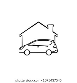 Car garage hand drawn outline doodle icon. Vector sketch illustration of car and house for print, web, mobile and infographics isolated on white background.