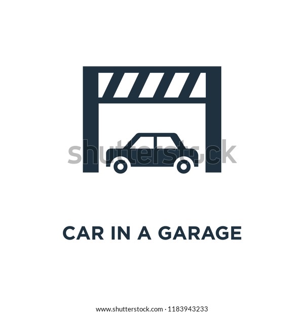 Car in a garage icon. Black filled vector\
illustration. Car in a garage symbol on white background. Can be\
used in web and mobile.