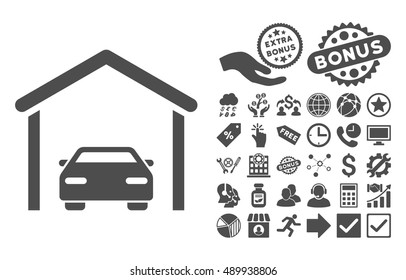 Car Garage icon with bonus elements. Vector illustration style is flat iconic symbols, gray color, white background.