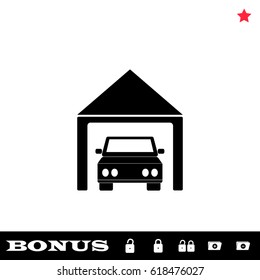 Car garage icon flat. Black pictogram on white background. Vector illustration symbol and bonus button open and closed lock, folder, star