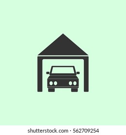 Car garage icon flat. Grey vector symbol on green background