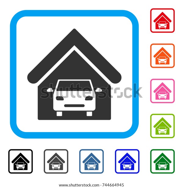 Car Garage icon. Flat grey pictogram symbol\
inside a blue rounded rectangle. Black, gray, green, blue, red,\
orange color versions of Car Garage vector. Designed for web and\
application interfaces.