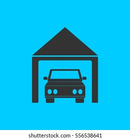 Car garage icon flat. Simple vector black pictogram on blue background