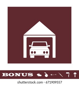 Car garage icon flat. White pictogram on brown background. Vector illustration symbol and bonus icons