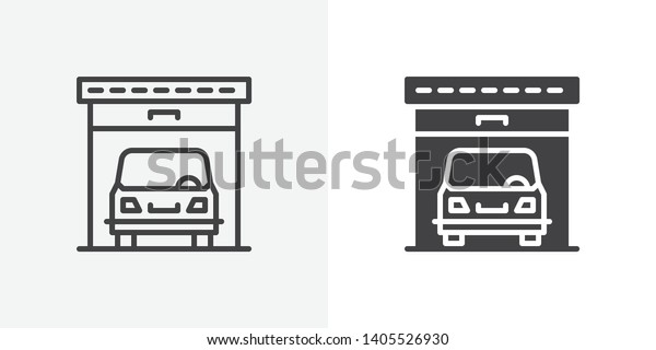 Car garage icon.\
line and glyph version,  car parking  garage outline and filled\
vector sign. linear and full pictogram. Symbol, logo illustration.\
Different style icons set