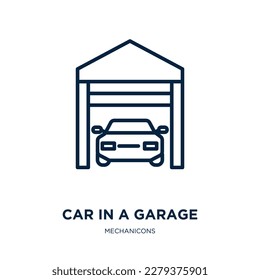 car in a garage icon from mechanicons collection. Thin linear car in a garage, auto, car outline icon isolated on white background. Line vector car in a garage sign, symbol for web and mobile