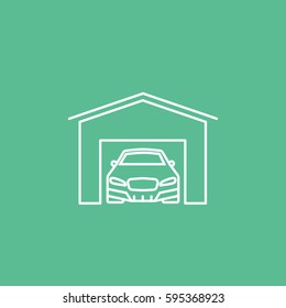 Car In Garage Line Icon On Green Background