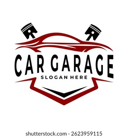 Car garage logo design vector. Sport car line art with shield and piston logo design vector template