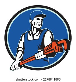 Car Garage Man Holding Pipe Wrench Logo Templete Use For Workshops Etc. Repair Or Maintenance Concept Logo.