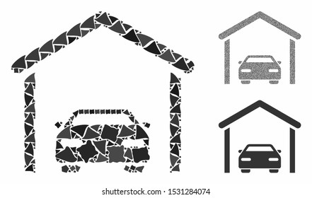 Car garage mosaic of uneven elements in different sizes and shades, based on car garage icon. Vector raggy pieces are united into collage. Car garage icons collage with dotted pattern.