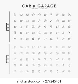 car and garage on bold and thin outline icons concept