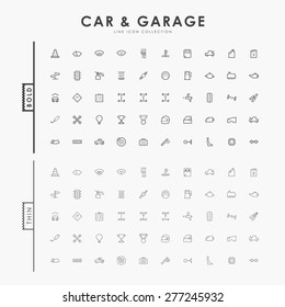 car and garage on bold and thin minimal outline icons concept