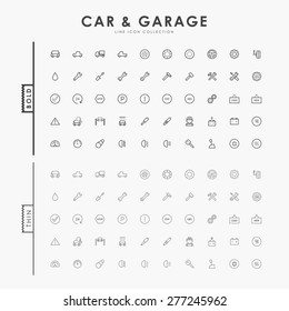 car and garage on bold and thin minimal line icons concept