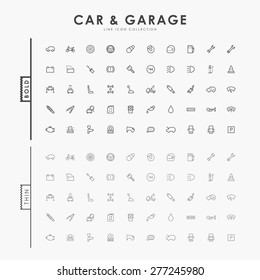 car and garage on bold and thin line icons concept