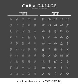 car and garage on bold and thin outline icons concept